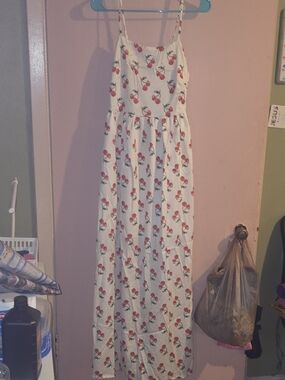 NWT Endless Moon White Cherry Print Maxi Dress Square Neck Smocked Size Small